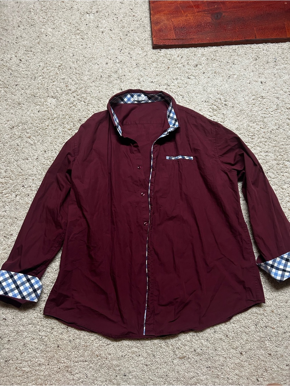 Men's Casual Button-Down Shirt - Burgundy with Plaid Trim